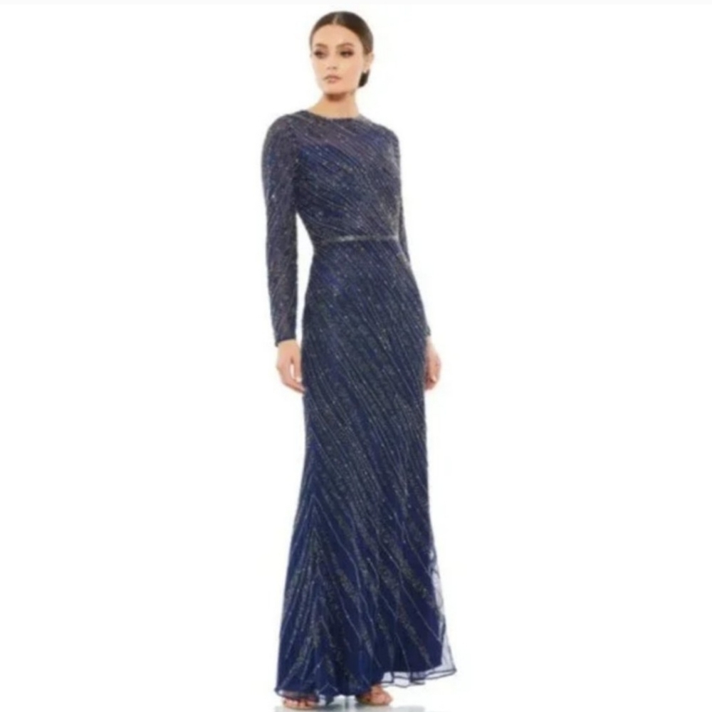 Mac Duggal Blue 5240 Beaded Long Sleeve Tulle Column Gown Size 18